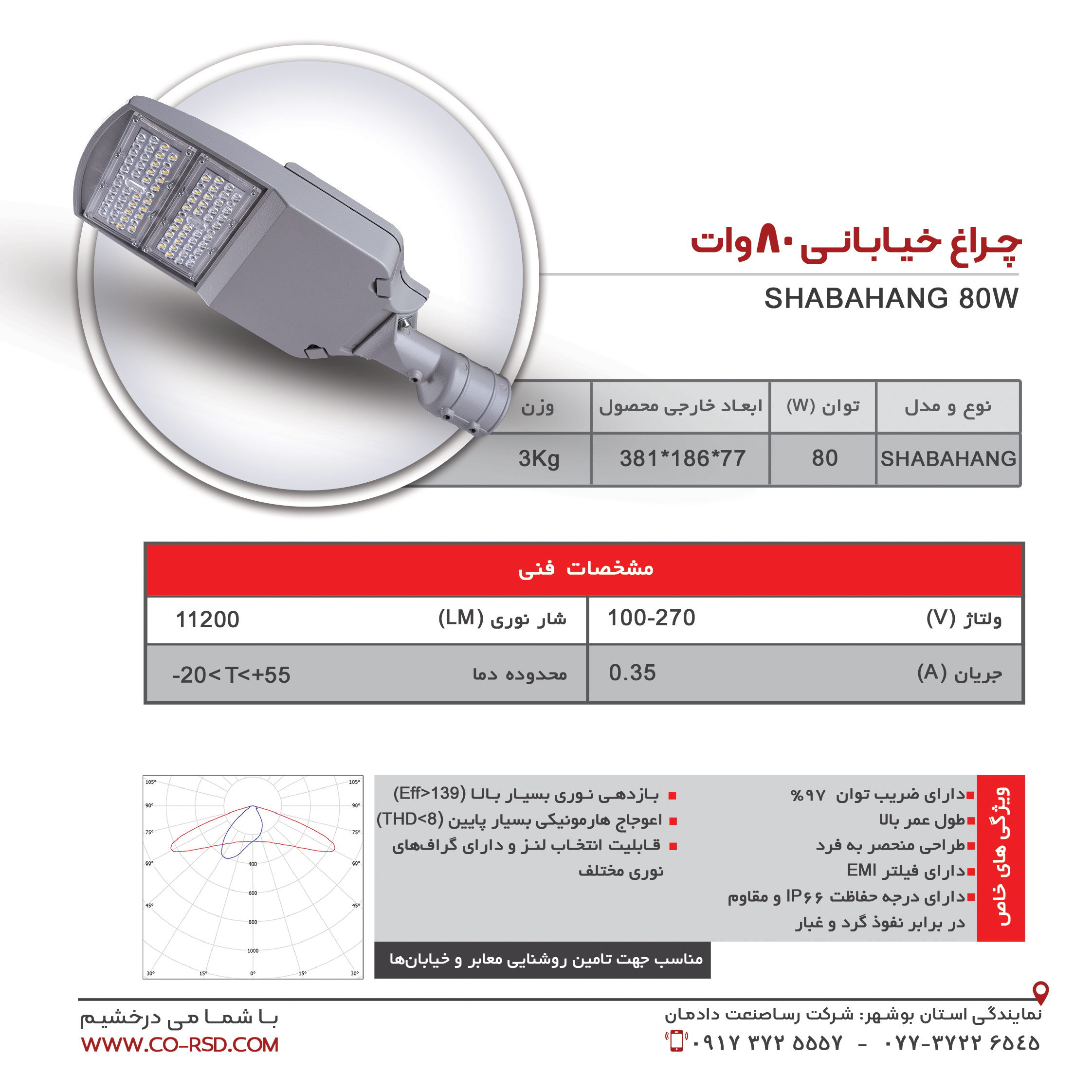 چراغ خیابانی 80 وات- مدل SHABAHANG